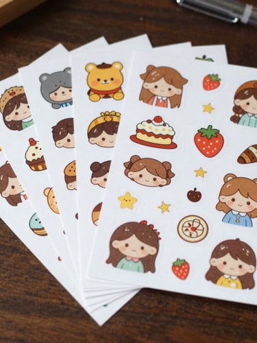 Macro close-up of a vibrant sticker sheet with clean die-cut edges, showing pixel-perfect registration, studio lighting, high color accuracy.