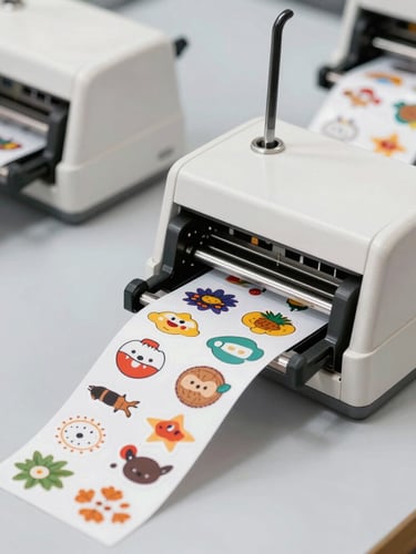 Close-up of a high-precision industrial printing machine in operation, clean and well-lit factory environment, focus on intricate details of the print head, sharp macro details, 50mm lens.