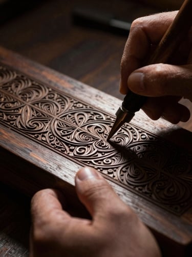 Macro details of a master artisan's hands carving intricate patterns into dark textured wood, warm side spotlight casting deep shadows, 50mm lens