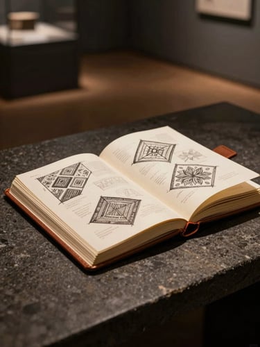 An open leather-bound field journal with hand-drawn geometric sketches of textile patterns, resting on a dark stone desk, dramatic gallery spotlight