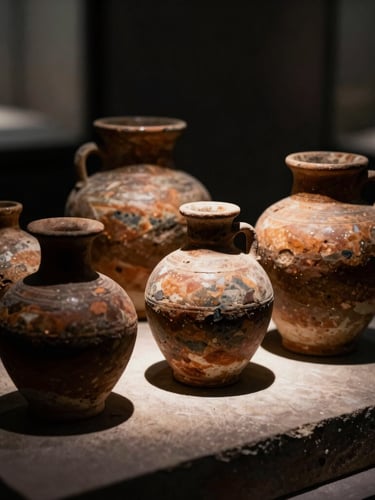 Macro shot of ancient mineral pigments stored in weathered ceramic vessels, side-lit by single-source window light, casting deep shadows on textured stone, 50mm lens.