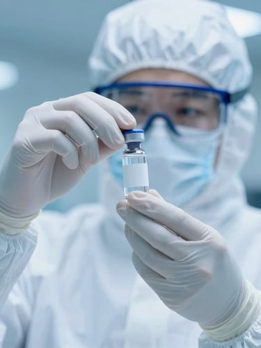 Macro shot of a laboratory technician in a full cleanroom suit inspecting medicine vials under sterile blue light.