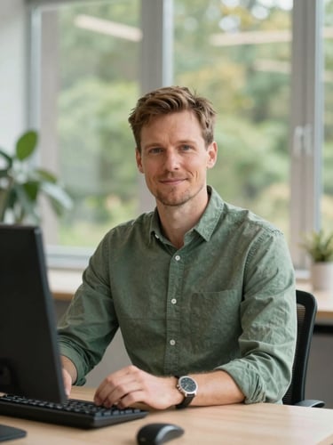 Warm professional portrait of a Swedish accountant in a bright Skövde office, soft natural Scandinavian daylight, forest green accents, 35mm lens