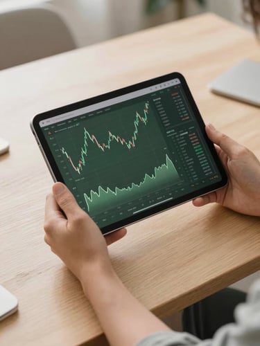 Hands holding a modern digital tablet displaying clear financial charts, warm natural daylight on a light oak desk, Scandinavian design
