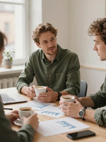 Two local business owners discussing financial charts over coffee in a bright Skövde office, soft natural Scandinavian daylight, warm editorial photography, 35mm lens