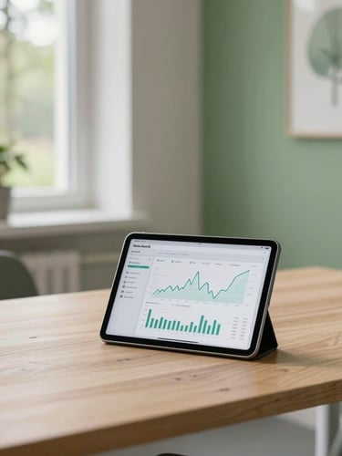 Bright, clean local office interior in Skövde, a modern tablet showing clean financial charts on a light wooden desk, soft Scandinavian daylight, forest green accents, 35mm lens.
