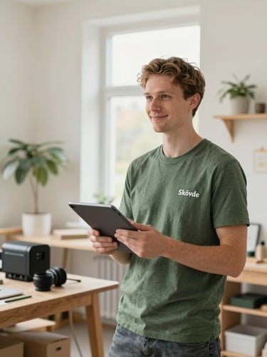 Warm editorial photo of a local business owner in Skövde holding a tablet in a bright workshop, soft natural daylight, forest green accents, 35mm lens.
