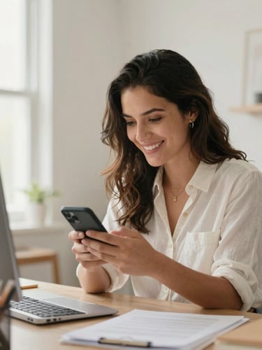 Medium shot of a Colombian independent designer in her bright home office, smiling while checking her phone, warm natural daylight, soft clean tones, 35mm lens