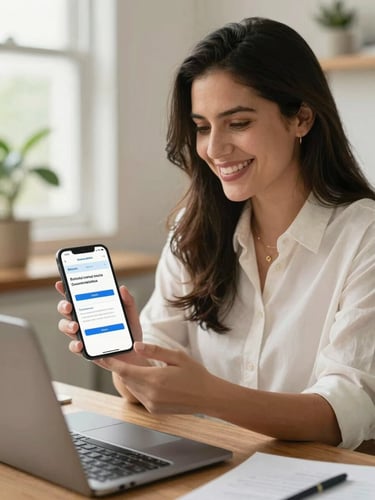 A professional Colombian independent consultant in a bright, natural-light home office, smiling confidently while looking at a mobile screen showing a successful social security enrollment confirmation, warm editorial photography style.