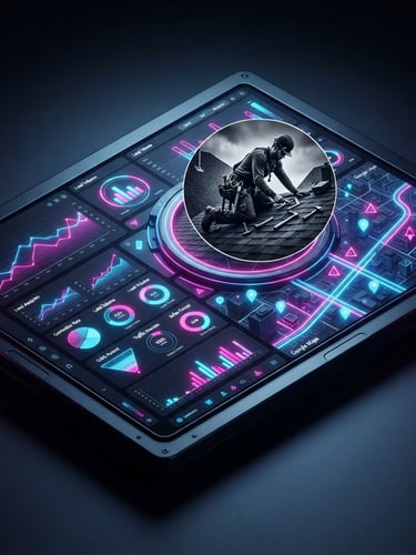 Isometric view of a vibrant digital dashboard showing lead analytics and a Google Maps interface, with neon pink and blue accents. A subtle overlay of a roofing worker on a screen, studio lighting, high contrast.