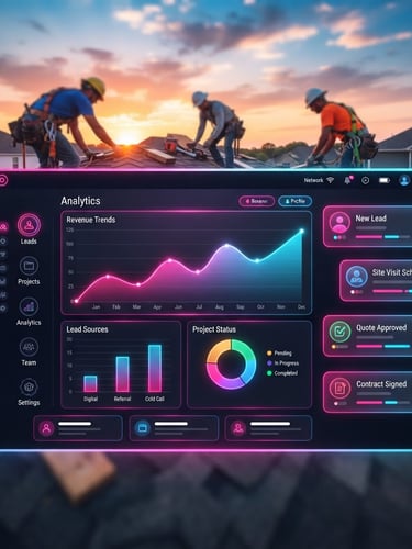 Panoramic view of a modern dashboard with lead notification popups and analytics graphs, overlaid on a blurred background of a roofing crew working on a residential roof at sunset, vibrant neon pink and blue accents.
