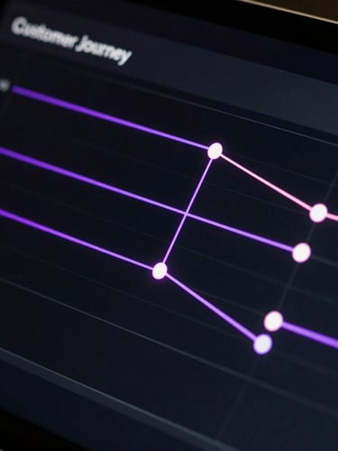 Close-up of a digital screen displaying a customer journey map with conversion points highlighted by neon purple lines, on a dark background with studio lighting.