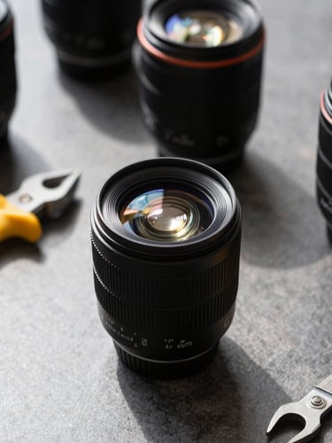 Close-up of organized professional tools on a clean dark surface, sharp architectural daylight, clean high-contrast tones, 35mm lens