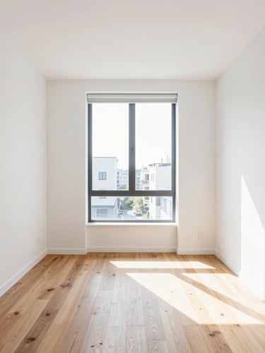 Straight-on architectural shot of a bright, modern apartment interior with fresh white paint, clean hardwood floors, and sunlight streaming through a large window.