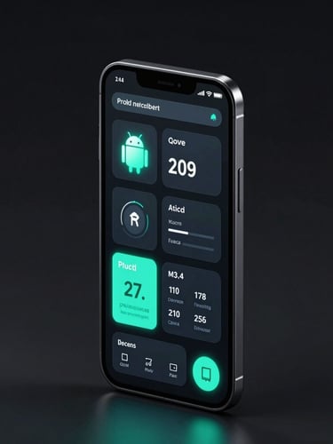 Sleek 3d render of an isometric Android smartphone mockup displaying a gamified productivity dashboard, glowing cyan UI elements, high-contrast dark background.
