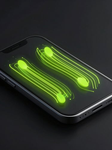 Macro crop of a sleek mobile interface, glowing neon lime vector patterns representing fluid motion and tactile haptic feedback, dark high-contrast background.