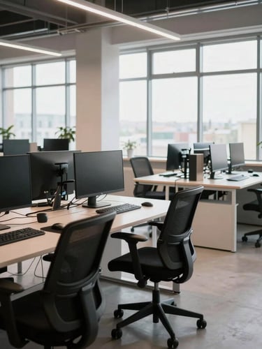 Wide angle shot of a modern, clean Odesa IT workspace with high-end workstations, ergonomic chairs, and large windows with natural daylight.