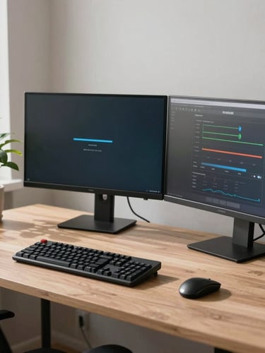 A wide environmental shot of a modern, organized workstation in Odesa, crisp natural daylight illuminating a dual-monitor setup, clean mechanical keyboard, and a green plant, professional atmosphere.