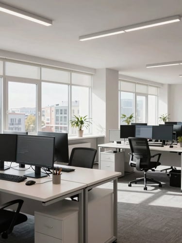 Wide-angle environmental shot of a modern, brightly lit Odesa office workspace with clean desk setups and multiple monitors, daylight streaming through large windows.