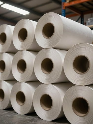 Close-up wide shot of tightly stacked industrial paper rolls on a warehouse shelf, natural overhead factory lighting illuminating the cut edges and paper grain texture, concrete floor visible at the base, framed from a slight low angle to emphasize height and volume