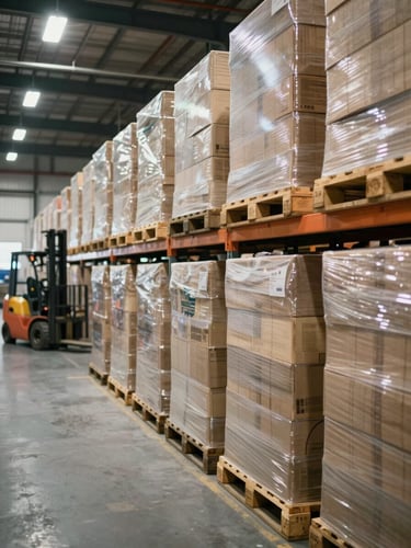 Wide environmental shot inside a large regional distribution warehouse, rows of palletized paper product stacks extending deep into the frame, clean overhead industrial lighting, a forklift visible in the far left background mid-motion, no workers posed for camera, scale and inventory depth as the subject