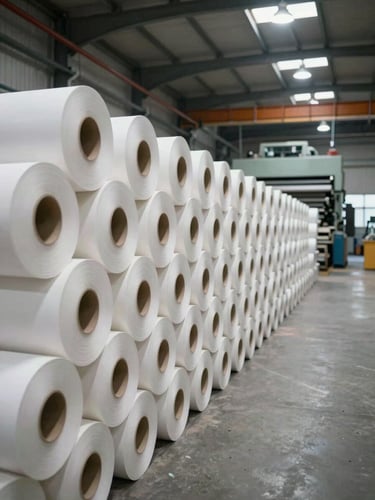Wide environmental shot inside a large paper manufacturing hall, stacked rolls of white paper filling the left foreground in precise rows, industrial ceiling with overhead factory lighting illuminating the concrete floor, production machinery visible in the mid-ground, no people present, clean overhead light from skylights, framing emphasises scale and inventory depth