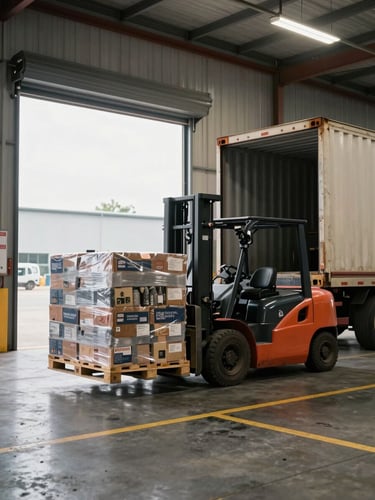 Wide environmental shot of a loading dock in motion — a forklift carrying a pallet of wrapped goods toward an open container truck, industrial warehouse bay doors open to daylight, concrete floor markings visible, overhead sodium lighting, no posed workers, camera angle from the side showing depth and operational scale