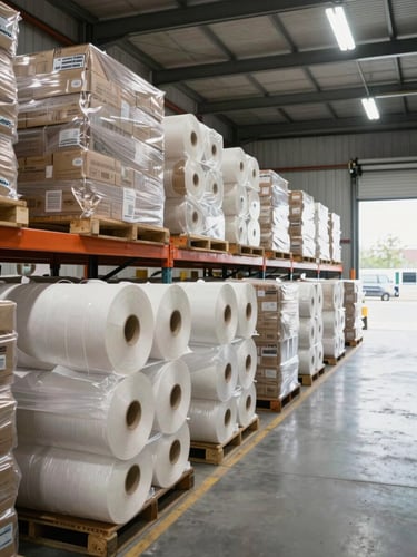 Wide environmental shot inside a large regional distribution warehouse, rows of stacked paper rolls and finished packaging goods extending into depth, clean overhead industrial lighting, concrete floor, loading bay doors open to daylight on the far right, no people