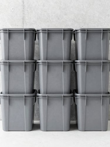 Straight-on eye-level studio shot of heavy-duty gray plastic storage bins stacked neatly against a clean concrete wall, high-key lighting, crisp details, 50mm lens