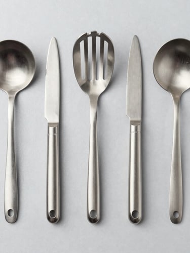 Precise top-down studio shot of neatly organized stainless steel kitchen tools on a light gray industrial background, crisp shadows, 50mm lens