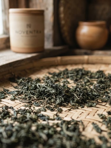 Close-up of whole-leaf orthodox tea drying on a bamboo mat, soft morning window light, shallow depth of field, earthy muted green and warm clay tones, NOVENTRA branded canister visible in soft focus.