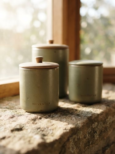 Portrait shot of NOVENTRA-branded tea canisters on a textured stone surface, soft morning window light from the left, casting gentle shadows. Image bleeds to the right edge of the canvas.