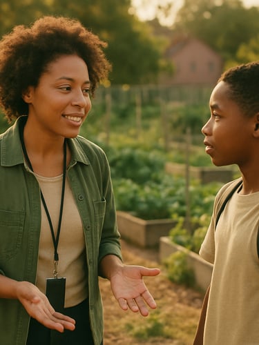 A wide environmental portrait of a local community organizer speaking with a student in an outdoor learning garden, soft golden hour light, 35mm film style