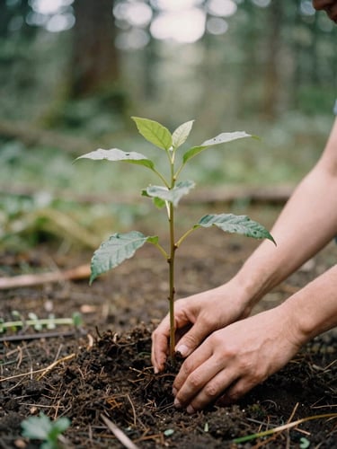 A medium shot of hands planting a young sweet bay tree sapling in rich dark forest soil, soft overcast Pacific Northwest daylight, 35mm film style
