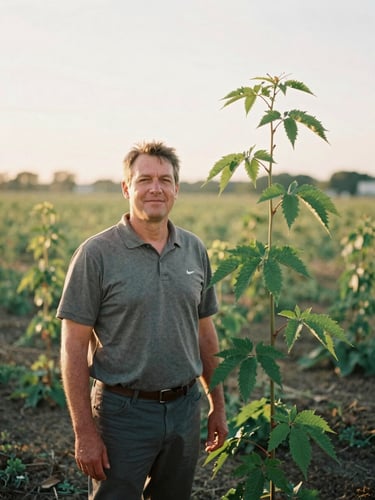A medium wide environmental portrait of a local community leader standing beside a young sweet bay tree sapling in soft golden hour light, 35mm film style.