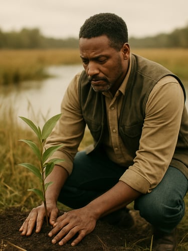Medium environmental portrait of a local community leader planting a sweet bay sapling in a native wetland, soft overcast daylight, warm editorial photography, earthy green and muted gold tones, shallow depth of field, 35mm film style