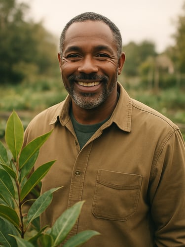 Soft natural overcast daylight, a local community leader smiling in a community garden, sweet bay leaves in the soft-focus foreground, 35mm film style.