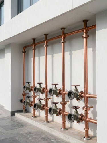 Organized commercial mechanical room with clean copper piping and labeled valves, high-contrast architectural lighting.
