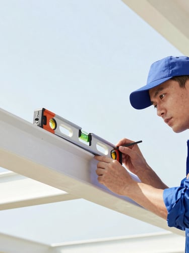 A certified contractor in clean uniform inspecting a structural beam with a digital level, sharp focus on the tool, bright natural daylight