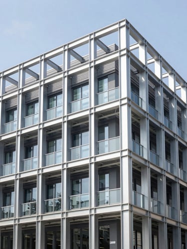 Crisp architectural photography of a modern steel-framed commercial building under bright daylight, sharp focus, technical structural lines