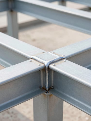 Close-up macro photography of a flawless, clean structural weld on heavy-duty steel framing, bright natural daylight, sharp focus