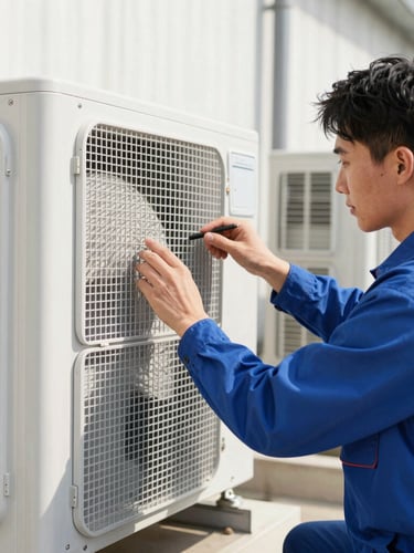 Close-up of a professional technician in a clean uniform inspecting a modern HVAC system, bright natural daylight, sharp focus, technical precision.
