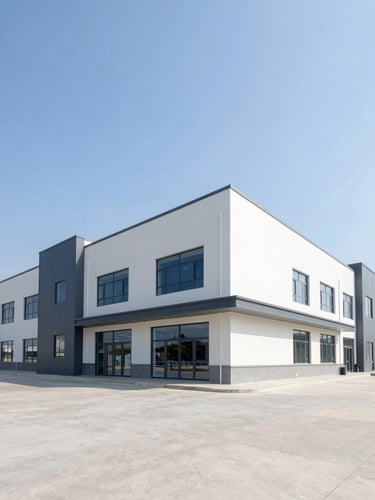 Wide-angle architectural photograph of a modern commercial facility under bright natural daylight, clean lines, sharp focus.