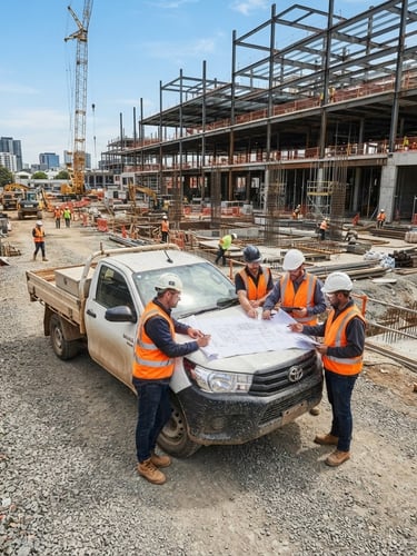Wide environmental shot of an active commercial construction site in bright daylight, engineers in high-vis gear reviewing plans on the hood of a branded fleet truck, realistic industrial tones.