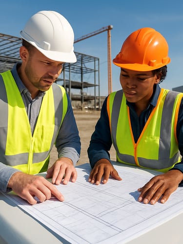 Portrait of two engineers in high-vis gear reviewing physical structural plans on the hood of a branded fleet truck, bright daylight.