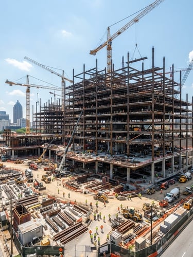 Wide shot of a large commercial construction site in Georgia, bright daylight, steel framework visible against a clear sky.