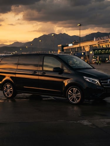 Low-angle exterior profile of an immaculate black Mercedes Vito van parked at Antalya Airport under dramatic golden-hour lighting, glossy metallic reflections.
