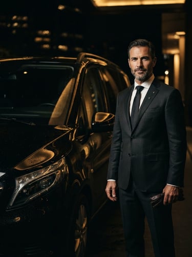 Low-key dramatic portrait of a professional chauffeur in a sharp dark suit standing by a pristine black Mercedes Vito, warm gold reflections, 50mm lens