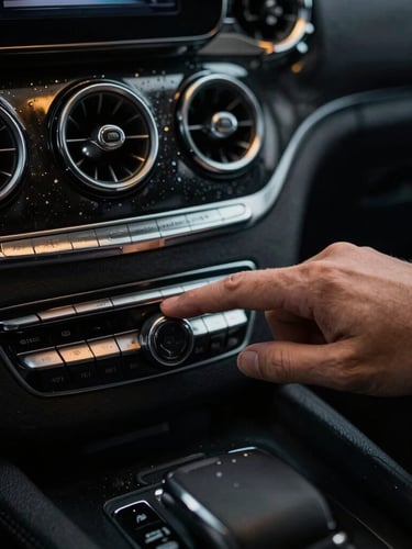 Close-up macro shot of a chauffeur's hand adjusting the climate control inside an immaculate Mercedes Vito console, chilled water bottles visible, low-key lighting