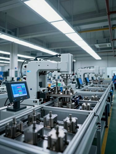 Panoramic manufacturing floor at a precision parts facility, wide shot showing automated assembly lines and sensor arrays in the foreground, cool industrial daylight entering from high skylights, no workers present, data terminals glowing softly along the production line edge